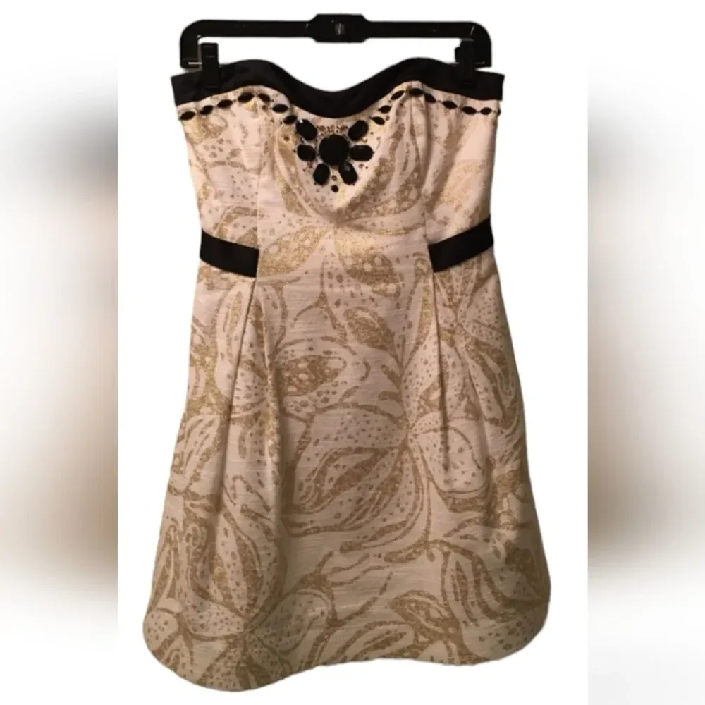 Lilly Pulitzer Cream & Gold Metallic Floral Strapless Fit & Flare Dress — Size 6 - Picture 2 of 4